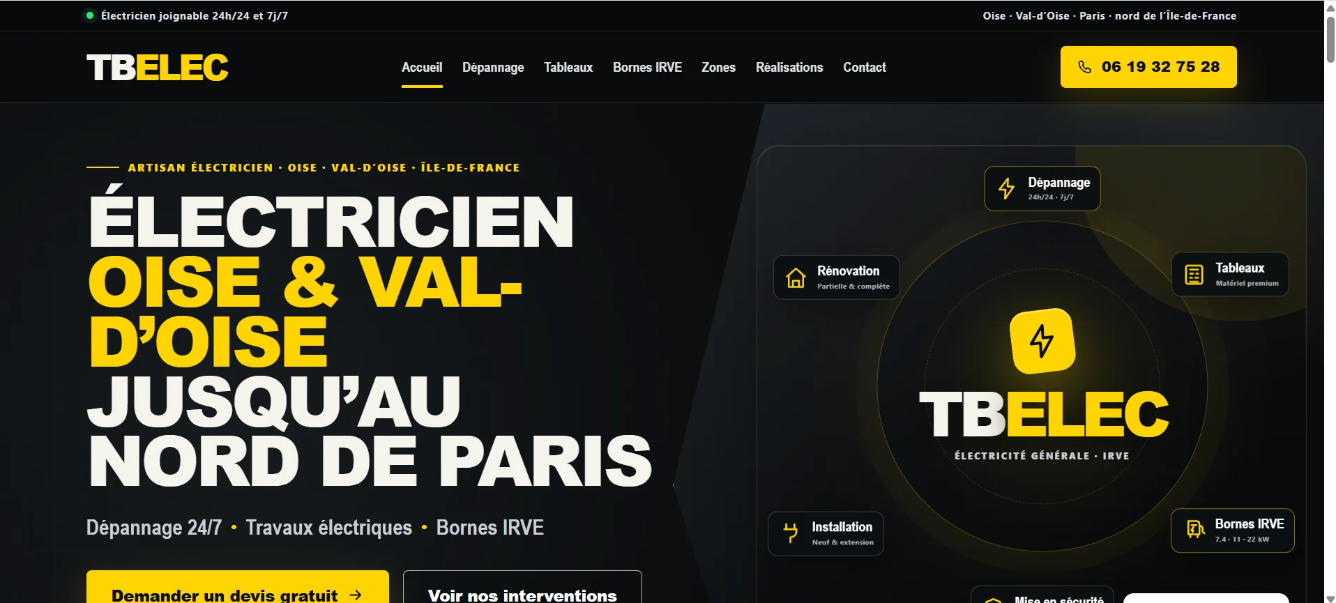 Capture réelle de la page d’accueil du site TBELEC